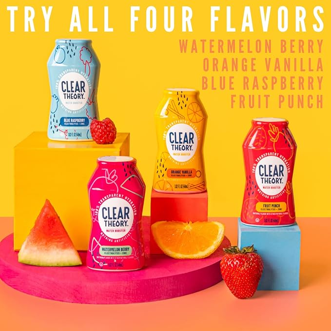Clear Theory Water Flavoring Drops with Electrolytes, Water Enhancer Liquid Flavored Water Drink Mix, Hydration for Kids, Vegan, Gluten Free, Low Calorie (Watermelon Berry & Fruit Punch)