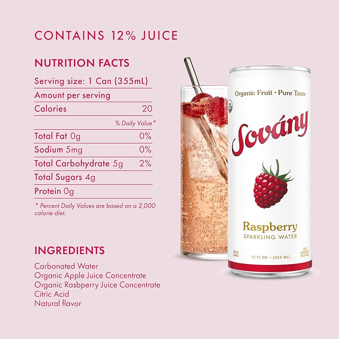 Sovány Sparkling Water, Raspberry, Seltzer Water Drinks, USDA Organic, Made With Real Fruit, Non-GMO, Vegan, No Added Sugar, Low Calorie, 12 fl oz, 24 Pack