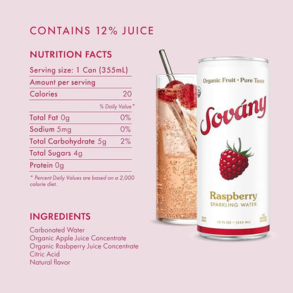 Sovány Sparkling Water, Raspberry, Seltzer Water Drinks, USDA Organic, Made With Real Fruit, Non-GMO, Vegan, No Added Sugar, Low Calorie, 12 fl oz, 24 Pack