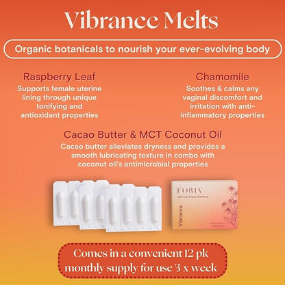 FORIA Vibrance Melts | Organic, All-Natural Moisturizing Vaginal Suppositories with Cocoa Butter and MCT Oil | Fragrance-Free Intimate Skincare | 12 Count