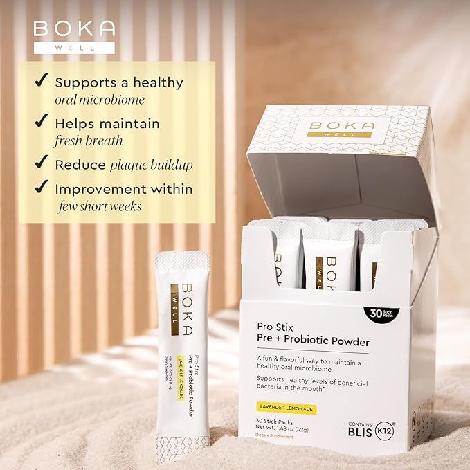 Boka Pro Stix Oral Probiotics for Mouth Bad Breath - 30ct Dental Probiotics Powder, Oral Health Pre + Probiotics for Teeth and Gums, BLIS K12 Oral Probiotic for Healthy Gum Health, Lemonade Lavender