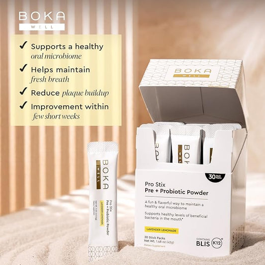 Boka Pro Stix Oral Probiotics for Mouth Bad Breath - 30ct Dental Probiotics Powder, Oral Health Pre + Probiotics for Teeth and Gums, BLIS K12 Oral Probiotic for Healthy Gum Health, Lemonade Lavender