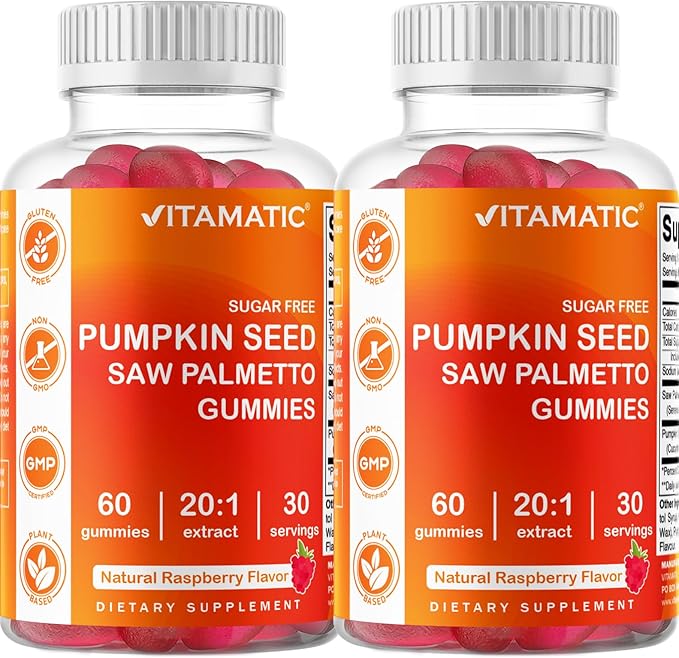 Vitamatic 2 Packs Sugar Free Pumpkin Seed Gummies - Made with Saw Palmetto - Natural Raspberry Flavor - 60 Count