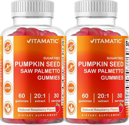 Vitamatic 2 Packs Sugar Free Pumpkin Seed Gummies - Made with Saw Palmetto - Natural Raspberry Flavor - 60 Count