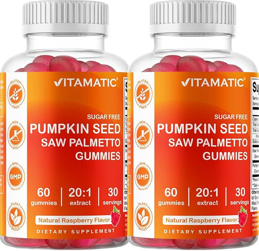 Vitamatic 2 Packs Sugar Free Pumpkin Seed Gummies - Made with Saw Palmetto - Natural Raspberry Flavor - 60 Count