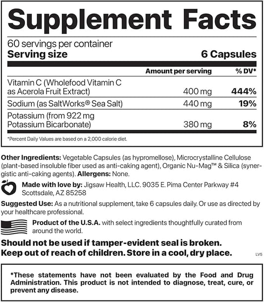 Jigsaw Health Adrenal Cocktail + Wholefood Vitamin C | with Potassium Bicarbonate, Sea Salt, and Acerola Cherry Extract | 360 Capsules | 60 Servings