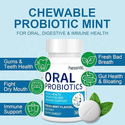 Oral Probiotics for Mouth Bad Breath Treatment for Adults, Chewable Oral Care Probiotic, Dental Probiotics for Gums and Teeth & Fresh Breath, Mint Tablets (30 Count)