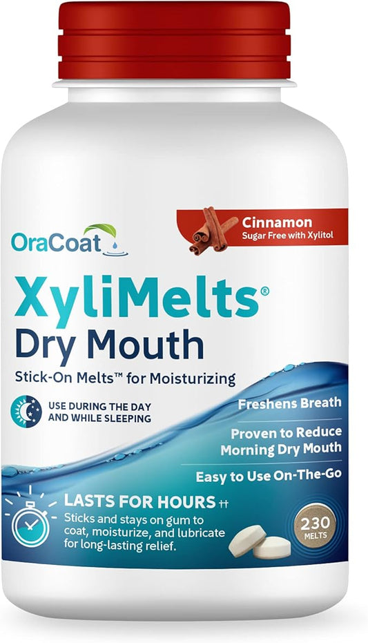 OraCoat XyliMelts Dry Mouth Relief Moisturizing Stick-On-Melts with Xylitol, 230 Count, Cinnamon, Helps Stimulate Saliva for Dry Mouth, Non-Acidic, Day & Night Use, Time Release for Up to 8-Hour