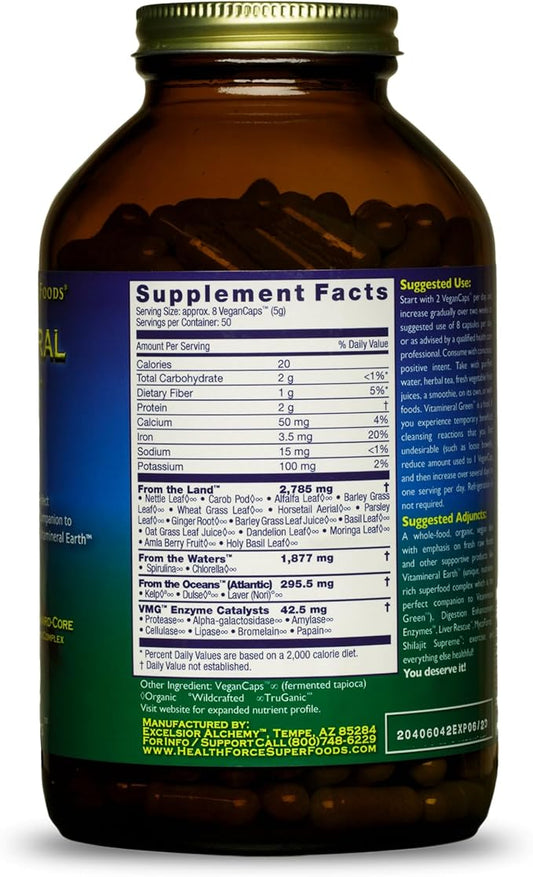 HealthForce SuperFoods Vitamineral Green - Mineral Supplement for Immune & Thyroid Support - Green Powder Supplement with Ingredients from The Land - Gluten-Free & Vegan - 400 Capsules