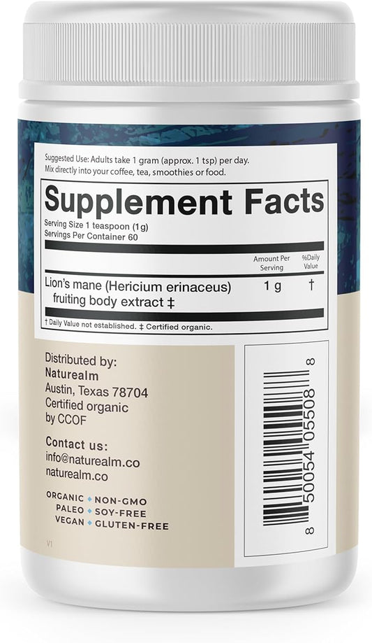 Naturealm - Lion’s Mane Mushroom Powder 100 Percent 60-Day Supply
