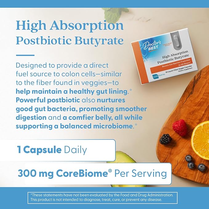 Doctor's BEST High Absorption Postbiotic Butyrate Featuring Corebiome, Gut & Immune Health, Non-GMO, Gluten Free, Soy Free, Vegan, 30 Liquid Veggie Caps