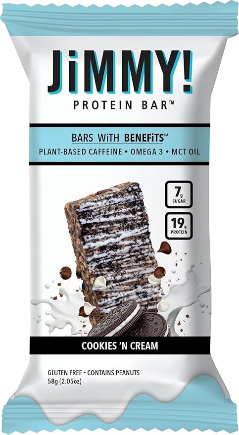 JiMMY'S! Functional Protein Bar - Cookies and Cream -12 Count - 18g Protein with Caffeine, Omega 3 and MCT Oils - Low Sugar, Gluten Free, Energy-Boosting
