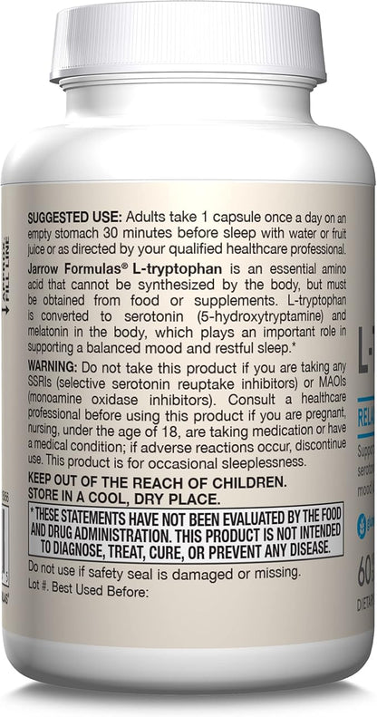 Jarrow Formulas L-Tryptophan, 500 mg Dietary 60 Capsules, 60 Day