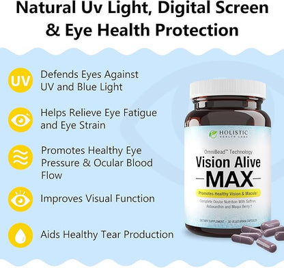 Vision Alive Max with 8 Natural Ingredients Lutemax® 2020, Bilberries, Blueberries, c3g from Black Currant, Maqui Berry, Saffron, and Astaxanthin (30 Count (Pack of 3))