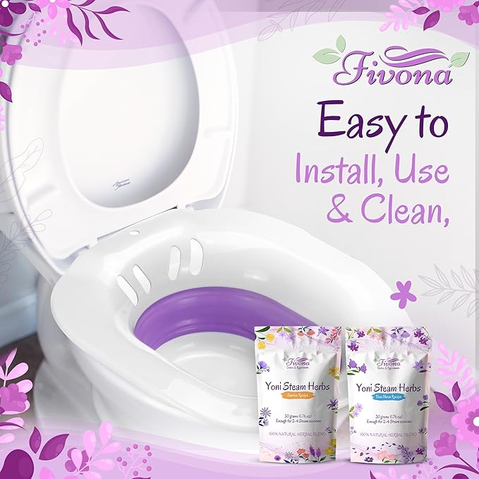 Fivona Yoni Steam Kit 3-in-1 Complete Set of Over The Toilet Foldable Steamer Seat and Hand Pump with 1 Pack of Blue Moon and 1 Pack of Sunrise Yoni Steaming Herbs