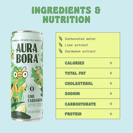 Aura Bora, Lime Cardamom Herbal Sparkling Water, 12 oz Can (Pack of 12), 0 Calories, 0 Sugar, 0 Sodium, Non-GMO