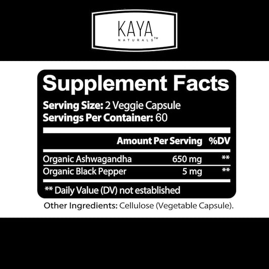 Kaya Naturals Organic Ashwagandha 1300mg, 120 Count Capsules for Stress Relief, Adrenal, Mood & Thyroid Support, Black Pepper and 100% Pure Ashwagandha -120 Capsules