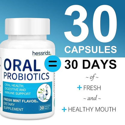Oral Probiotics for Mouth Bad Breath Treatment for Adults, Chewable Oral Care Probiotic, Dental Probiotics for Gums and Teeth & Fresh Breath, Mint Tablets (30 Count)
