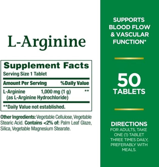 Nature's Bounty L-Arginine 1000mg for Supporting Blood Flow and Vascular Function – Non-GMO, Gluten Free, 50 Tablets (Pack of 2)