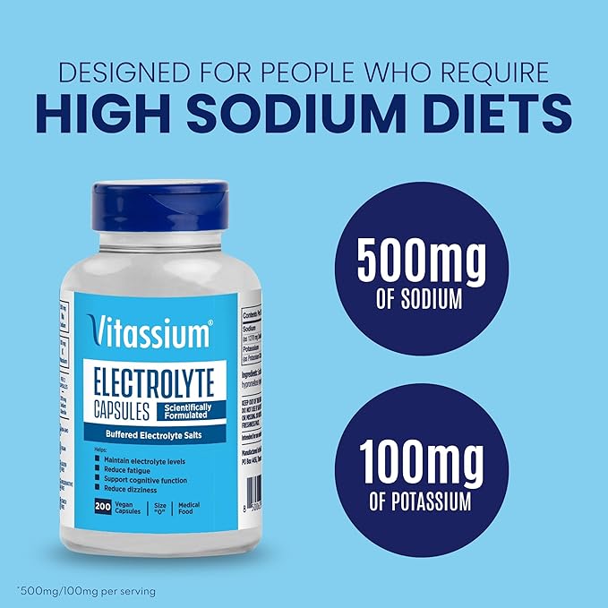 Vitassium Electrolyte Capsules, Electrolytes for The Management of POTS and High Sodium Diets, Unflavored Electrolytes, 200 Count