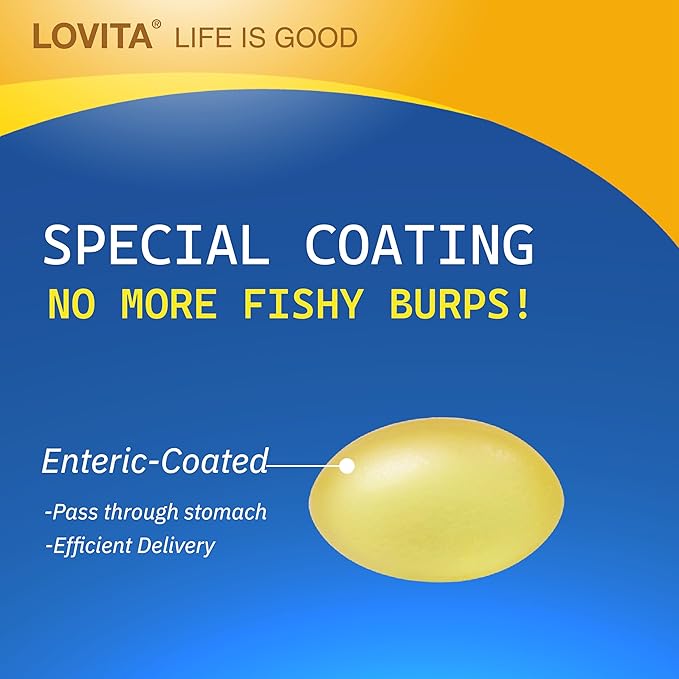 Lovita Omega-3 Fish Oil 2000mg, High Absorption rTG Form with EPA & DHA, 90% Omega-3, Burpless, Easy to Swallow, Supports Heart, Brain & Eye Health, 120 Enteric-Coated Softgels (Pack of 3)