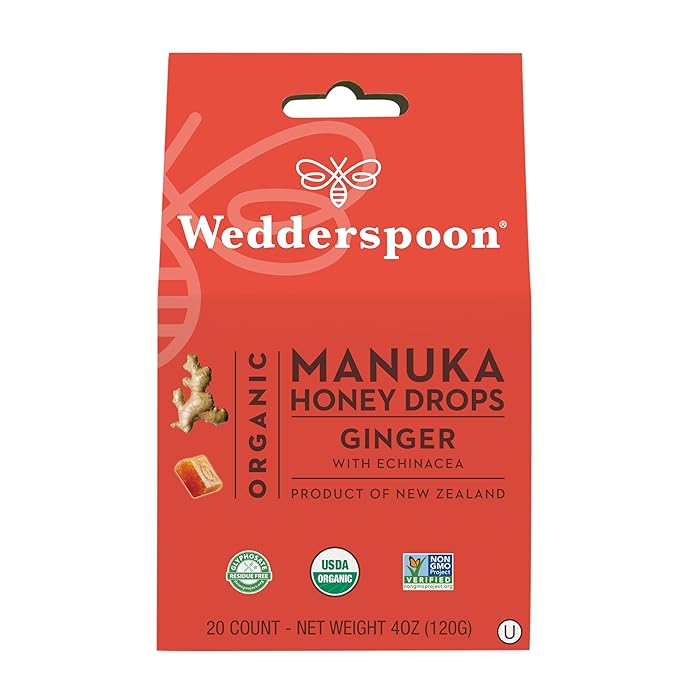 Wedderspoon Organic Manuka Honey Drops, Ginger 20 Count 1) |