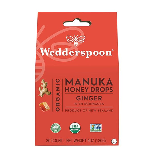Wedderspoon Organic Manuka Honey Drops, Ginger 20 Count 1) |