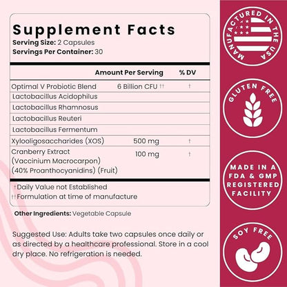 Optimal Prime Vaginal Probiotics for Women with Prebiotics, Cranberry Extract, and a Lactobacillus Probiotic Blend, Supports Healthy Vaginal Flora, Odor Control, pH Balance, 60 Capsules (Pack of 2)