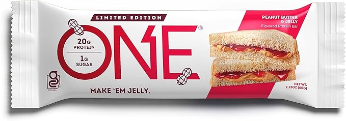 ONE Protein Bars, Peanut Butter & Jelly, Gluten Free with 20g Protein and 1g Sugar, Pantry Staples, 2.12 oz (12 Count)