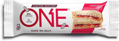 ONE Protein Bars, Peanut Butter & Jelly, Gluten Free with 20g Protein and 1g Sugar, Pantry Staples, 2.12 oz (12 Count)