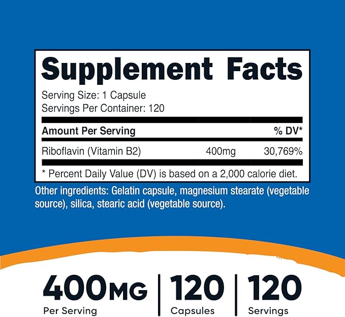 Nutricost Vitamin B2 (Riboflavin) 400mg, 120 (2 Bottles)