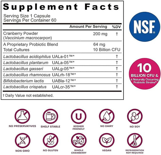 Nutricelebrity NutriFlora-Pro Probiotics for Women - Support Vaginal, Urinary Health, Immune System Digestive System Support, Cranberry Pills Supplement, 10 Billion CFU 6 Strains (30 Caps) - 2 Pack