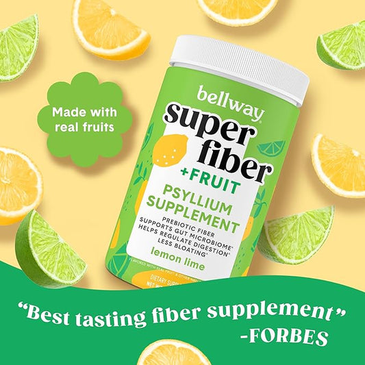 Bellway Super Fiber Powder + Fruit (5 Pack), Sugar Free Organic Psyllium Husk Powder Fiber Supplement for Regularity, Bloating Relief & Gut Health, Non-GMO, Plant-Based, Lemon Lime (250 Servings)