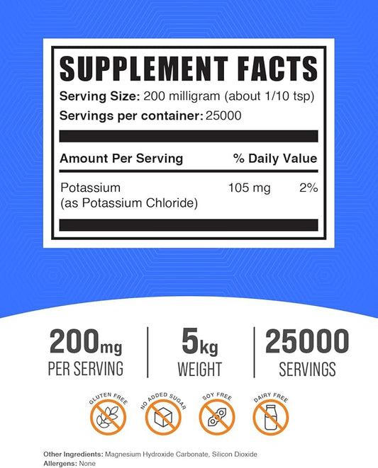 BulkSupplements.com Potassium Chloride Powder - Potassium Supplement Powder, Potassium Chloride Salt Substitute, Potassium Salt - Gluten Free, 200mg per Serving, 5kg (11 lbs) (Pack of 5)