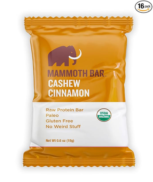 Mammoth Bar Cashew Cinnamon Mini Bar - Mini Organic Snack Bar Packed with 4g Protein. Made with Cinnamon, Paleo & Gluten Free • Raw - 16 Mini Bars