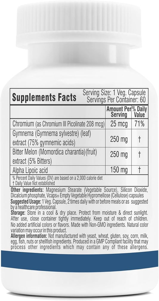 Trexgenics Metabolism Support with GYMNEMA 75% Gymnenic Acid 150 mg, Bitter Melon 5% Bitters 150 mg, Chromium & Alpha LIPOIC ACID150mg(60 Vegan Capsules) (Pack of 1)