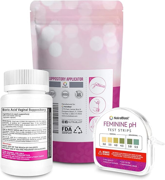 NutraBlast Boric Acid Vaginal Suppositories 600mg (30 Count) w/Disposable Vaginal Suppository Applicators (15-Pack) and Feminine pH Test Strips 3.0-5.5 (100 Tests Roll)