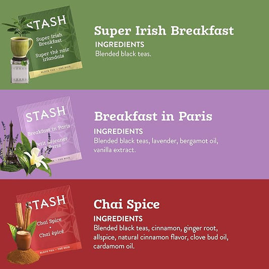 Stash Tea Black Tea Variety Pack Sampler Assortment - Caffeinated, Non-GMO Project Verified Premium Tea with No Artificial Ingredients, 18-20 Count (Pack of 6)