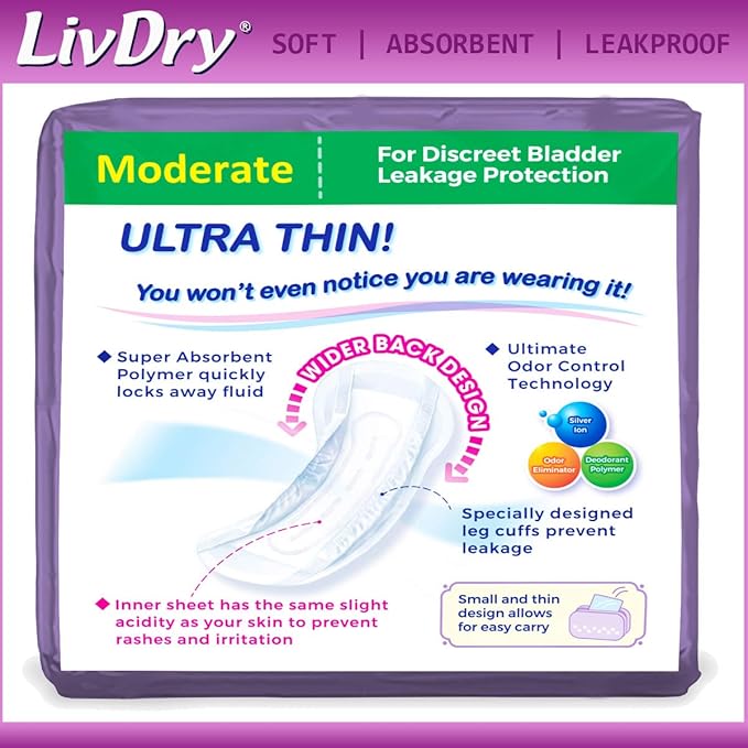 LivDry Incontinence Ultra Thin Pads for Women 16-Count)