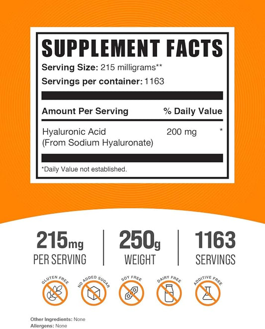 BulkSupplements.com Hyaluronic Acid Powder - Hyaluronic Acid Supplements, Hyaluronic Acid 215mg - Hyaluronic Acid Food Grade, Gluten Free - 215mg per Serving, 250g (8.8 oz) (Pack of 1)
