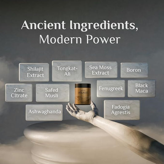 ATLAS X 10-in-1 Masculinity Maximiser Supplement for Men - Energy, Strength & Vitality Capsules with Shilajit, Ashwagandha, Zinc, Safed Musli, Tongkat Ali, Black Maca, Fadogia Agrestis, 2 Month Supply
