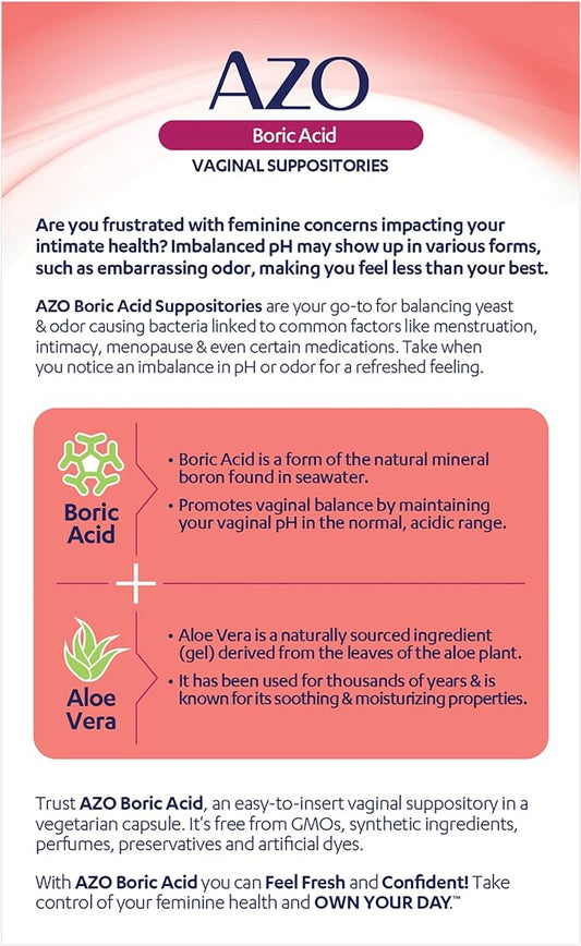 AZO Boric Acid Vaginal Suppositories, Helps Support Odor Control and Balance Vaginal PH with Clinically Studied Boric Acid, Non-GMO, 30 Count