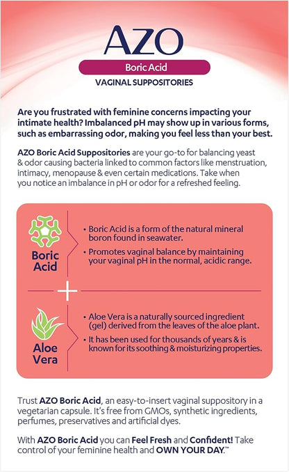 AZO Boric Acid Vaginal Suppositories, Helps 30 Count