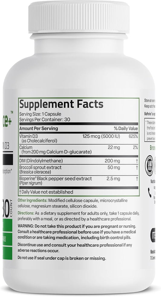 Bronson DIM Balance+ Calcium D-Glucarate, Broccoli Sprouts and Vitamin D3 200 MG of DIM per Capsule Supports Estrogen Metabolism and Balanced Hormone Levels Non-GMO, 30 Vegetarian Capsules