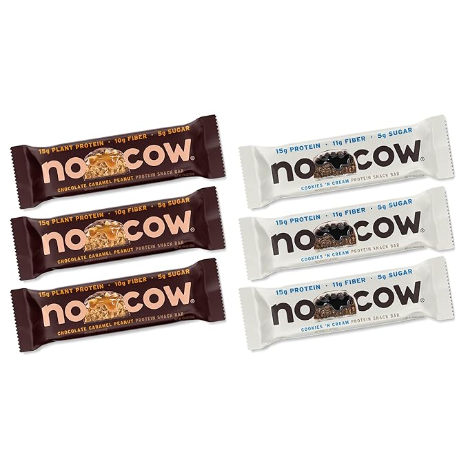 No Cow Vegan Protein Snack Bar Variety Pack, High Protein & 10g Fiber, Low Sugar, Gluten-Free, Dairy-Free, For On-the-Go Nutrition & Post-Workout (Cookies ‘n Cream, Chocolate Caramel Peanut, 6 Count)