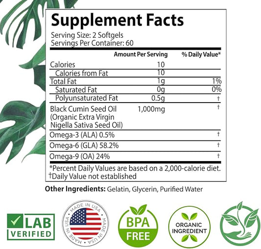 Organic High Potency Turkish Black Seed Oil Capsules, Cold Pressed, High TQ, 2 Month Supply, Non-GMO Black Cumin Nigella Sativa Oil for Immune Support, Joint, Digestive & Beauty, 1,000mg Dose (120ct)