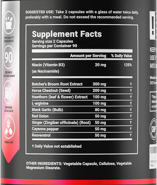 Butcher’s Broom, Horse Chestnut, L-Arginine and Resveratrol, Circulation Complex | 180 Caps - 45 Days | Made in USA by B Life. (CirculationUSA)