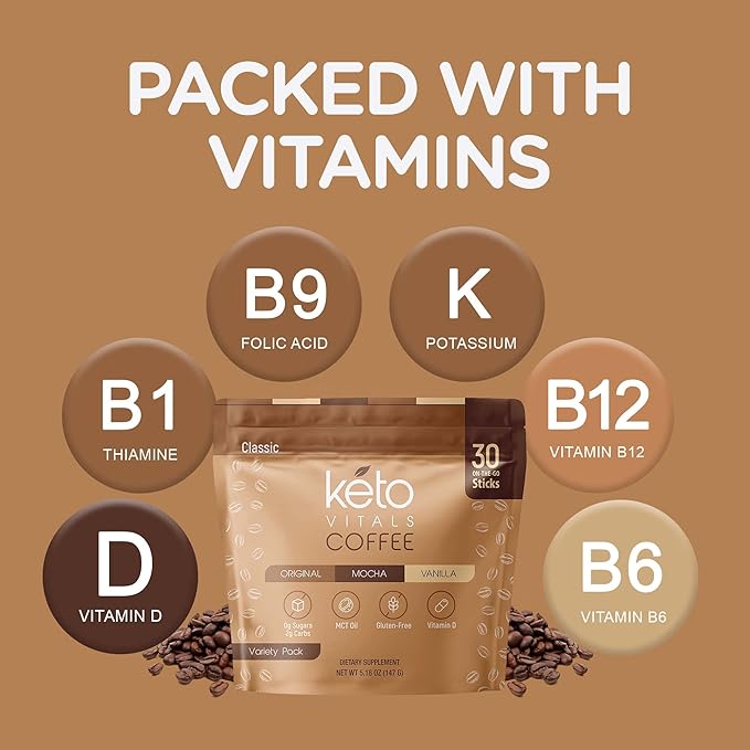 Keto Vitals Instant Keto Coffee Powder - Low-Calorie Sweetened Coffee Packets, Single Serve - Instant Mix in Original, Vanilla, & Mocha Flavors - 30 Count