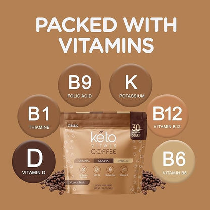 Keto Vitals Instant Keto Coffee Powder - Low-Calorie Sweetened Coffee Packets, Single Serve - Instant Mix in Original, Vanilla, & Mocha Flavors - 30 Count