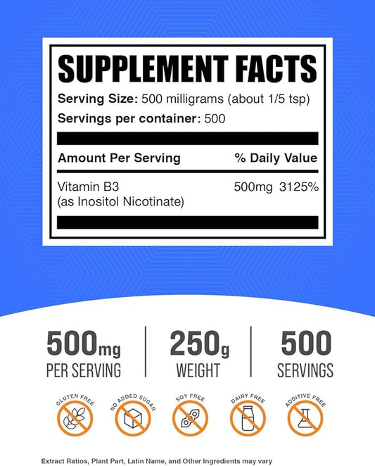 BulkSupplements.com Flush Free Niacin Powder - as Inositol Hexanicotinate, Vitamin B3 Supplement, Niacin 500mg Flush Free - Gluten Free, 500mg of per Serving, 250g (8.8 oz) (Pack of 1)
